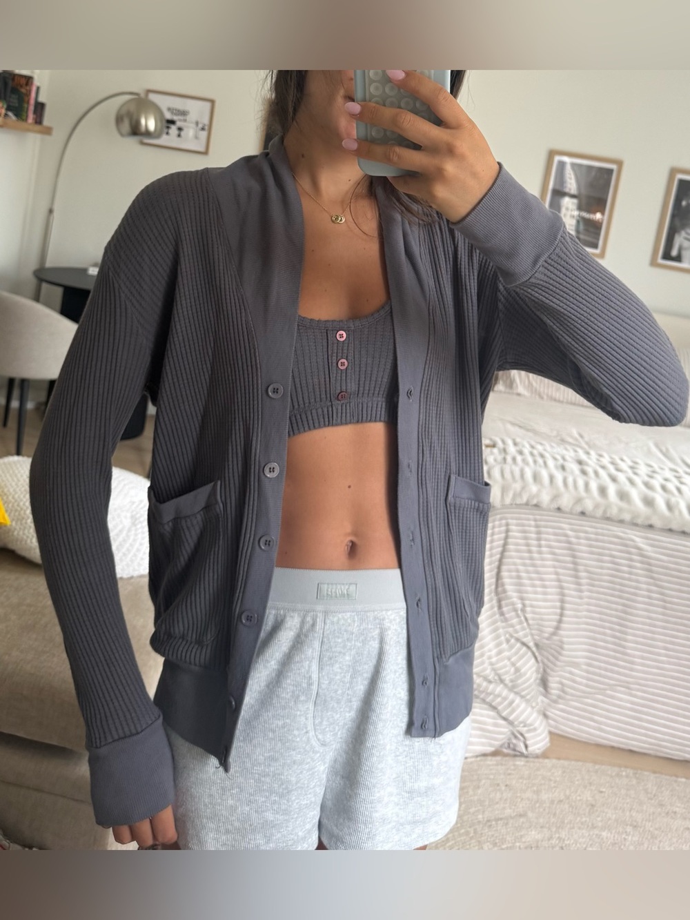 Stateside Dark Charcoal Waffle Knit Crop Tank & Cardigan Set